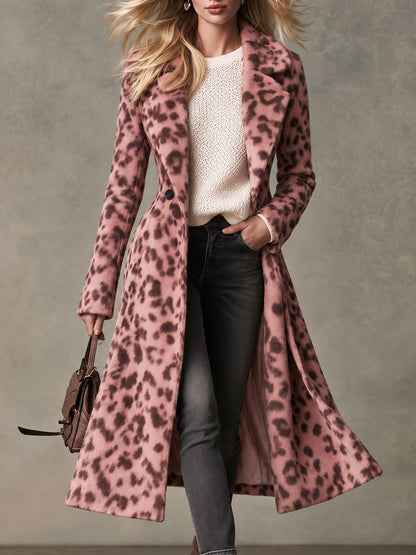 Retro-elegant Pink Leopard Print Lapel Single-button Faux Short Fleece Long Coat