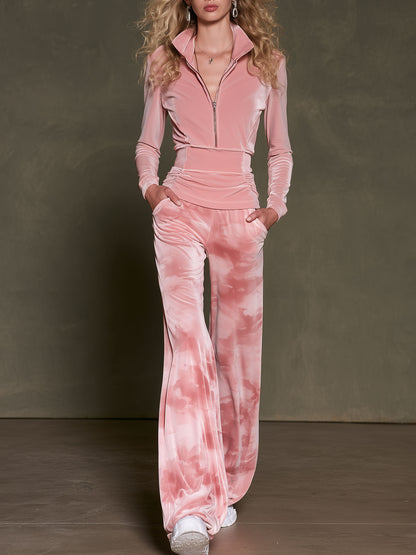 Casual And Stylish Half-zip Pink Velvet Long-sleeved Top And Camouflage Pants Set
