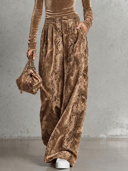 Retro-elegant Brown Turtleneck Velvet Top And Snakeskin Print Trousers Set