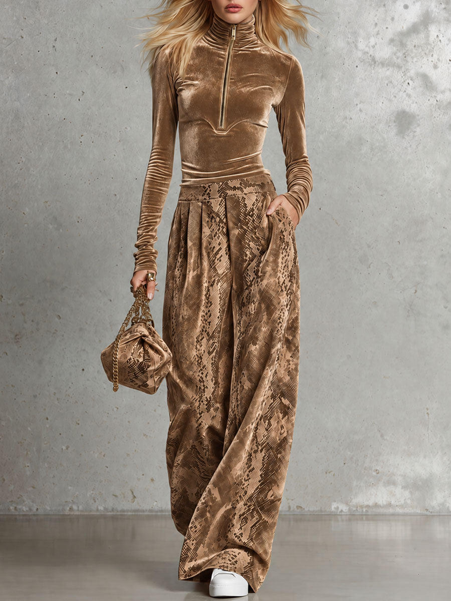 Retro-elegant Brown Turtleneck Velvet Top And Snakeskin Print Trousers Set