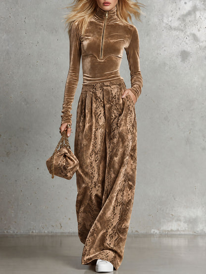 Retro-elegant Brown Turtleneck Velvet Top And Snakeskin Print Trousers Set