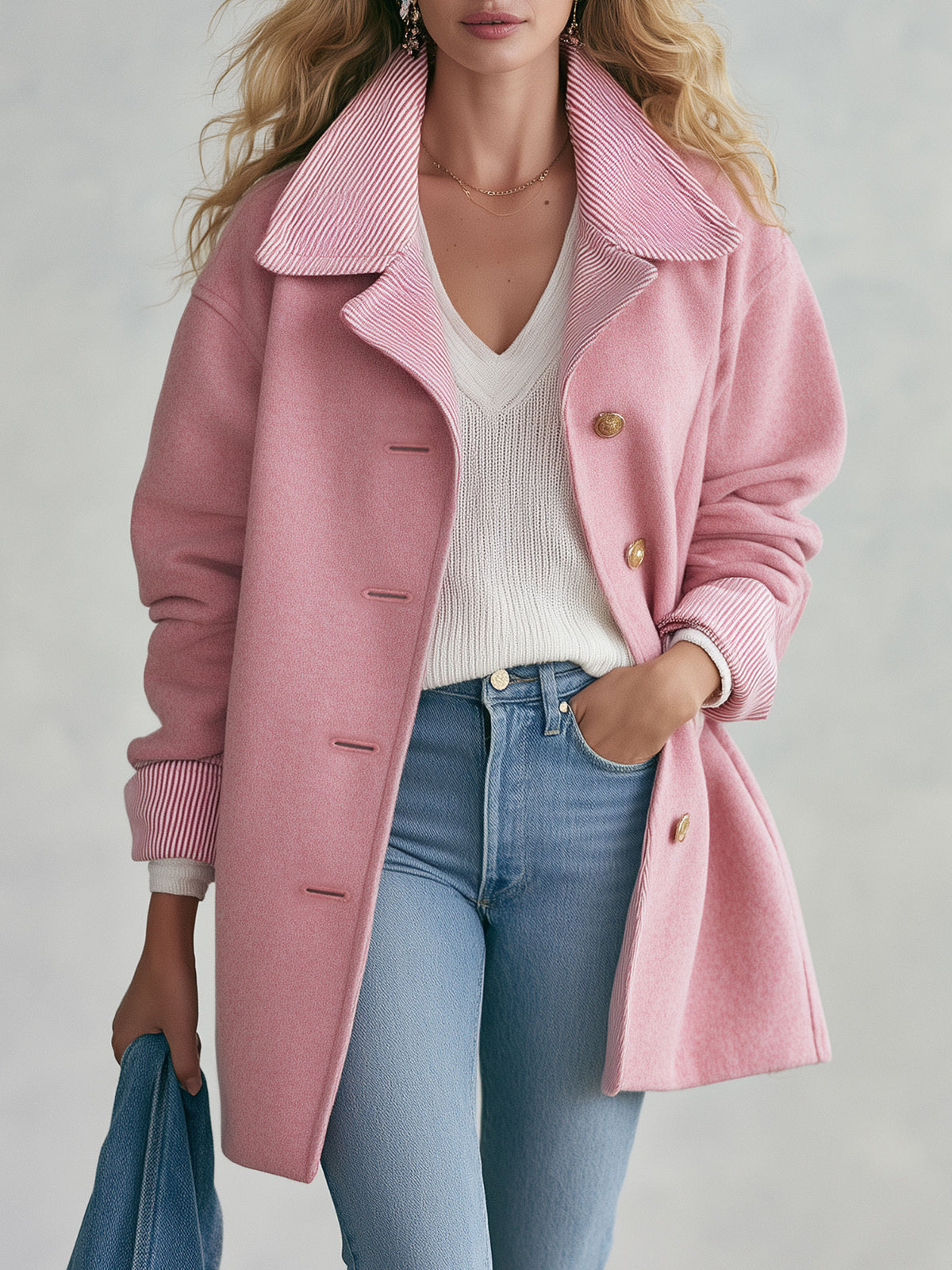 Stylish And Simple Striped Pink Coat