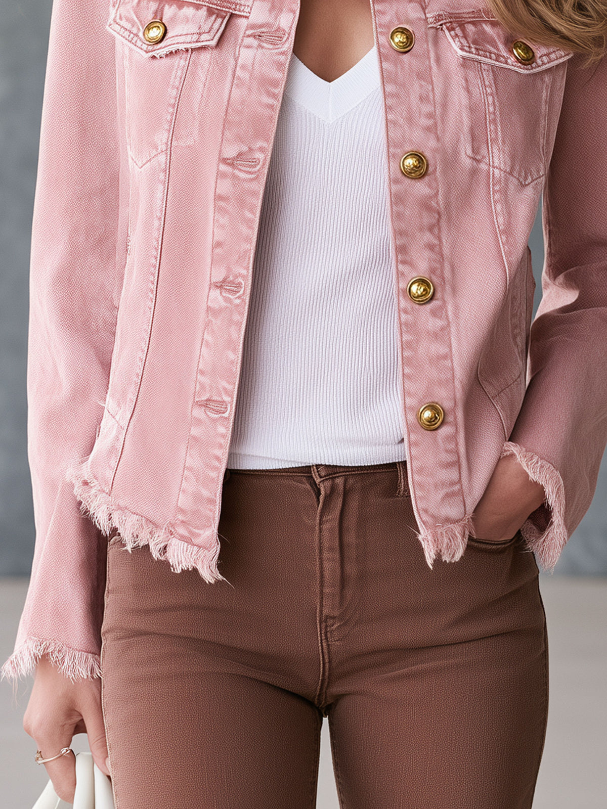 Casual Retro Faux Suede Leopard Print Frayed Pink Denim Jacket