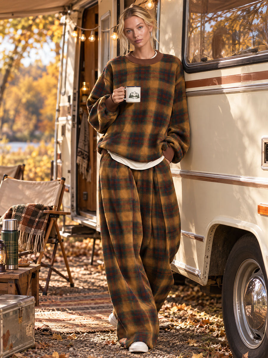 Retro Casual Brown Plaid Oversized Crewneck Sweatshirt And Wide-Leg Pants Set