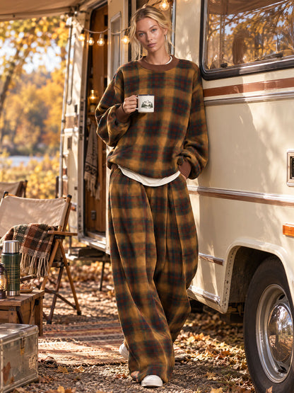 Retro Casual Brown Plaid Oversized Crewneck Sweatshirt And Wide-Leg Pants Set