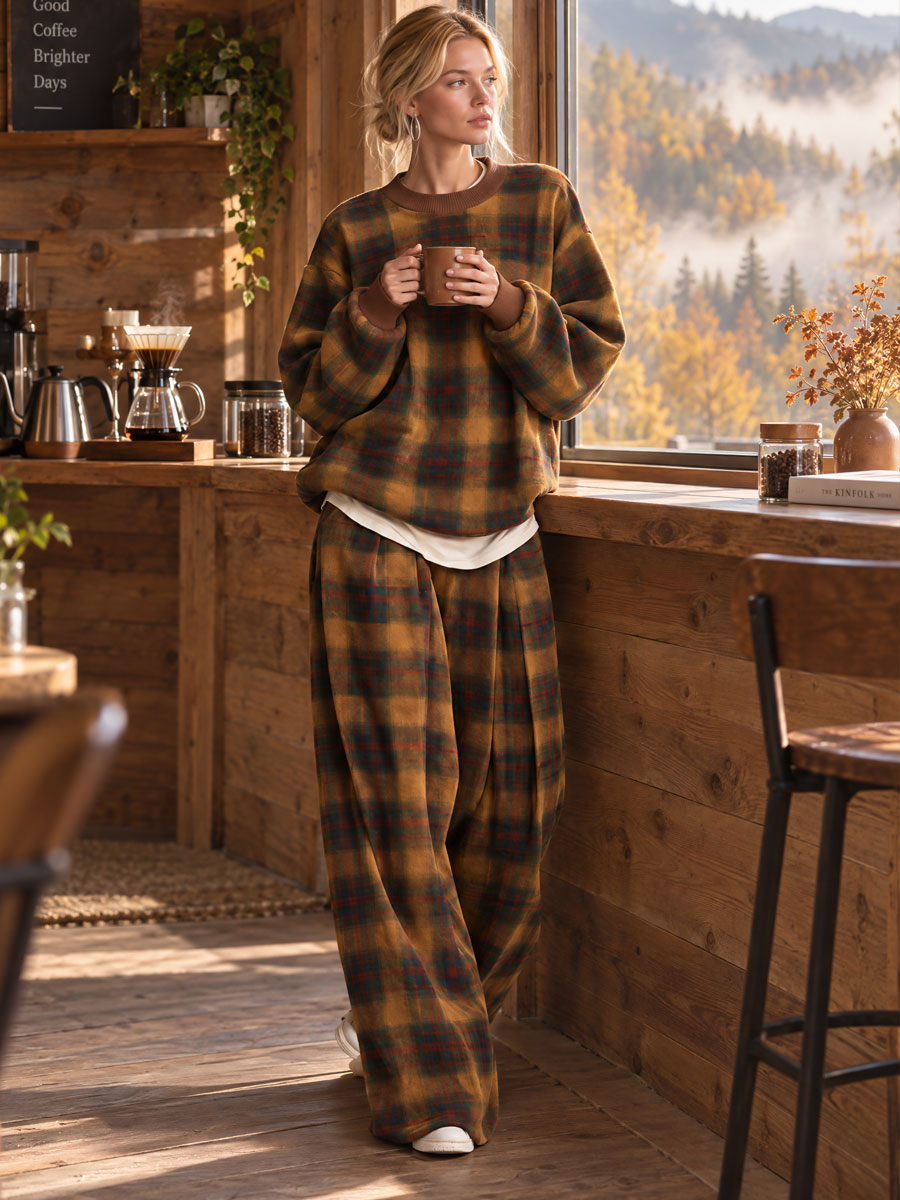 Retro Casual Brown Plaid Oversized Crewneck Sweatshirt And Wide-Leg Pants Set