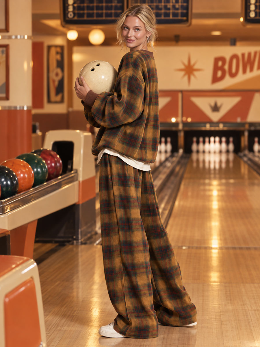 Retro Casual Brown Plaid Oversized Crewneck Sweatshirt And Wide-Leg Pants Set