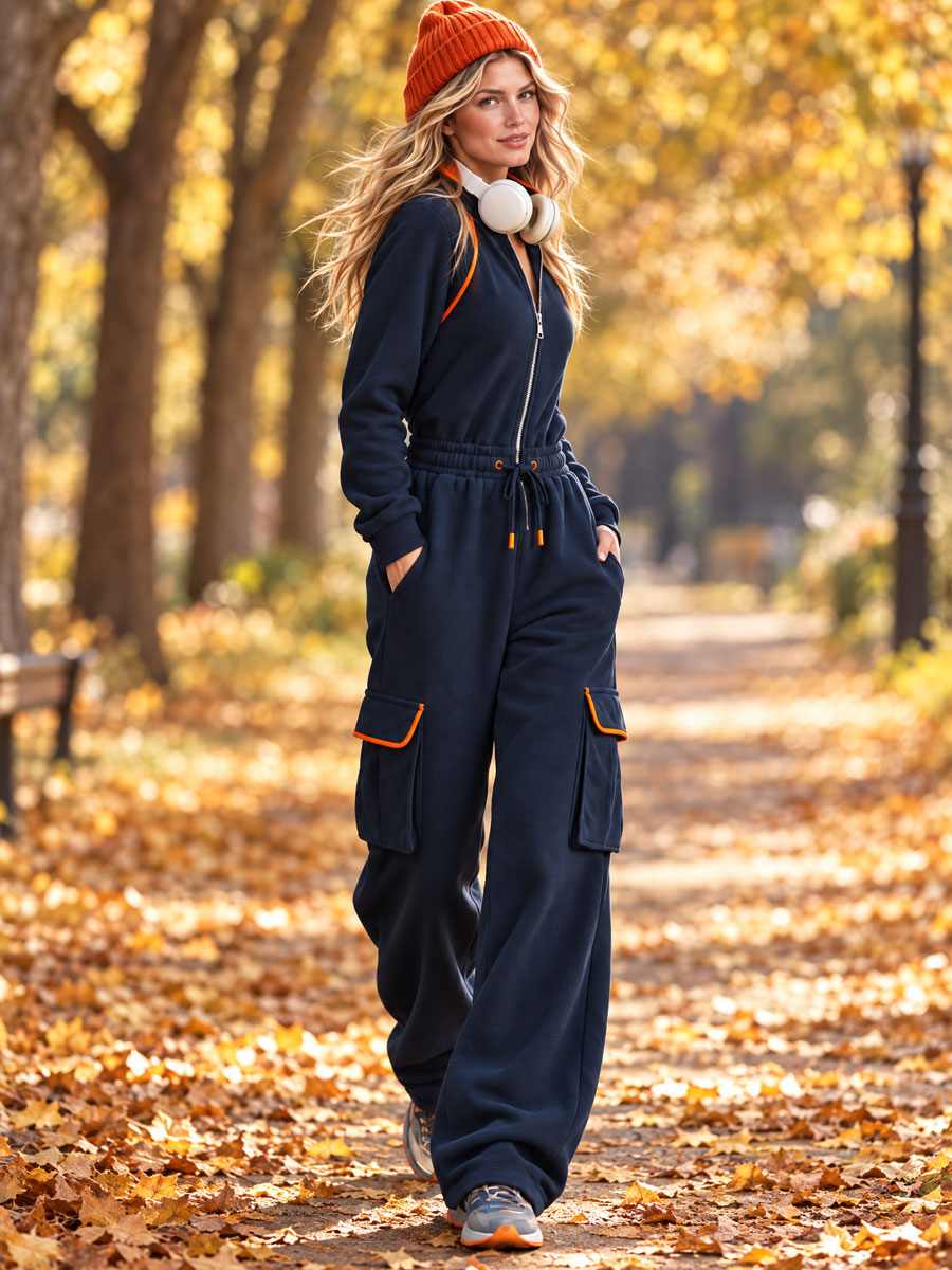 Retro Sporty Color-blocked Blue Cotton Jumpsuit