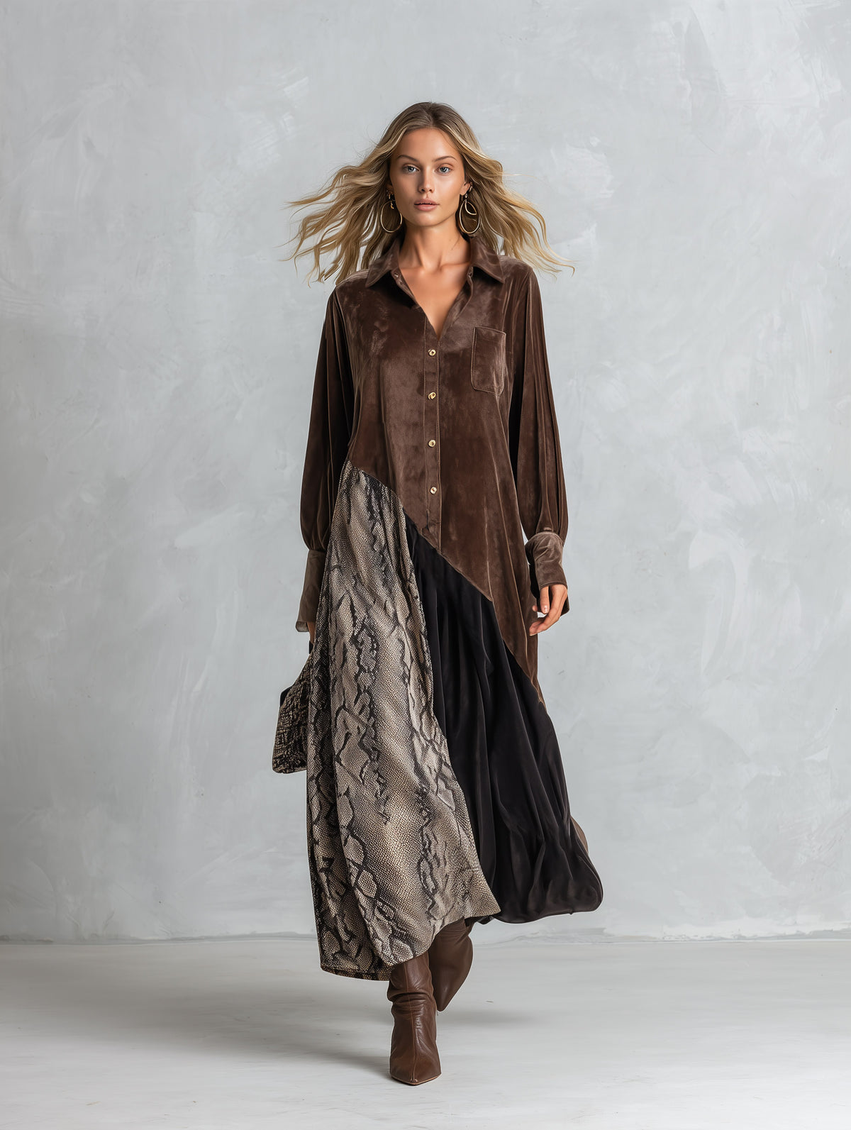 Urban-silhouette Color-block Snakeskin-print Velvet Shirt Maxi Dress