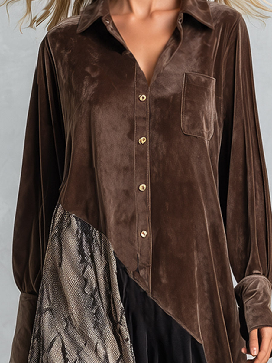 Urban-silhouette Color-block Snakeskin-print Velvet Shirt Maxi Dress