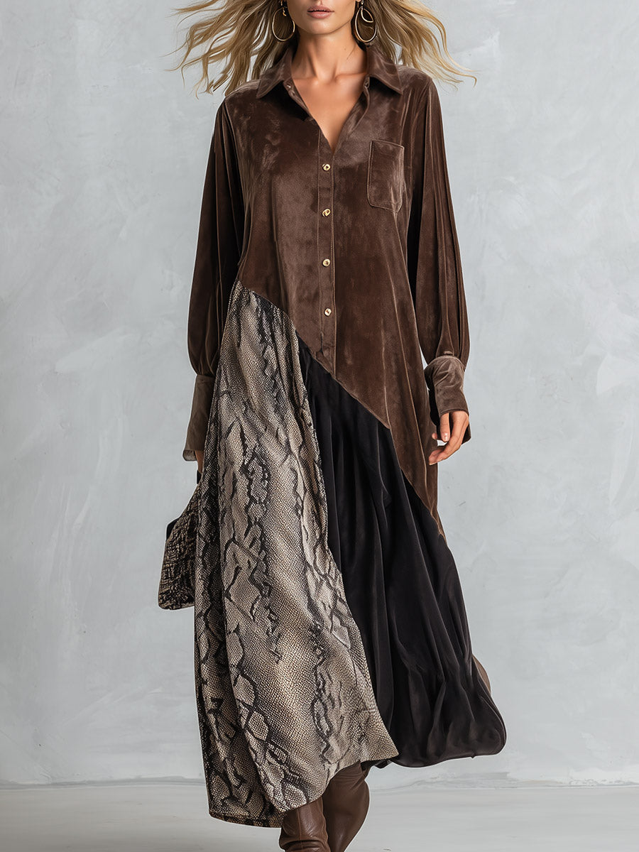 Urban-silhouette Color-block Snakeskin-print Velvet Shirt Maxi Dress
