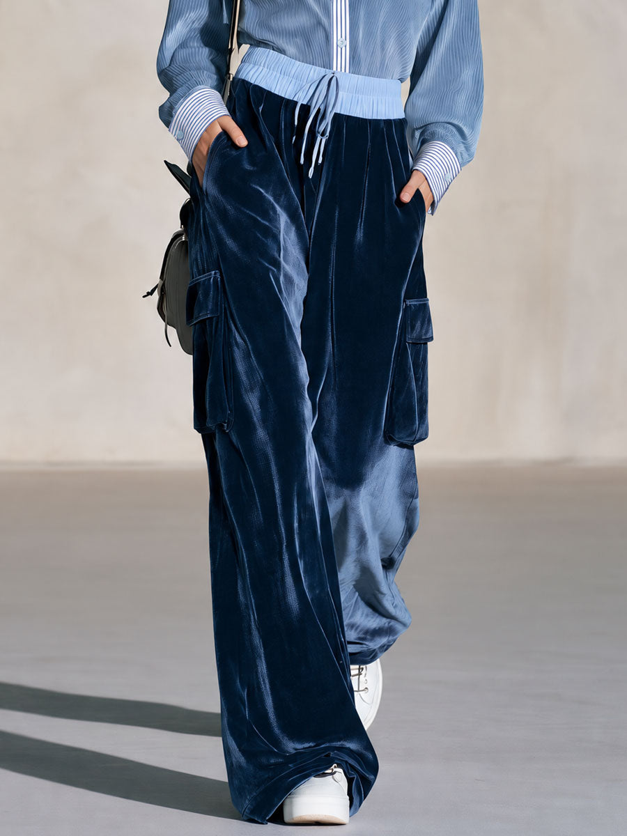 Retro Casual Striped Blue Corduroy Shirt And Trousers Set