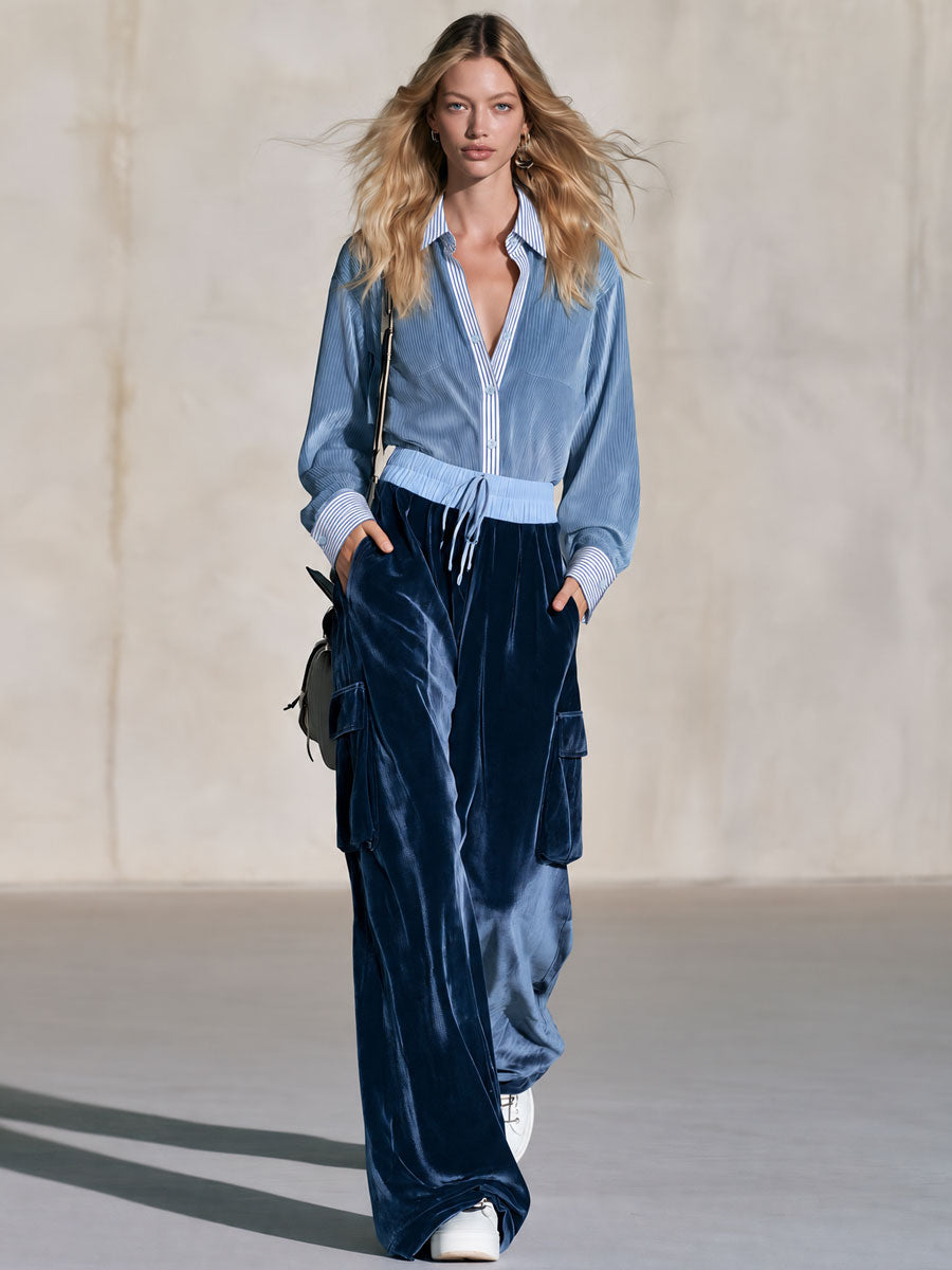 Retro Casual Striped Blue Corduroy Shirt And Trousers Set