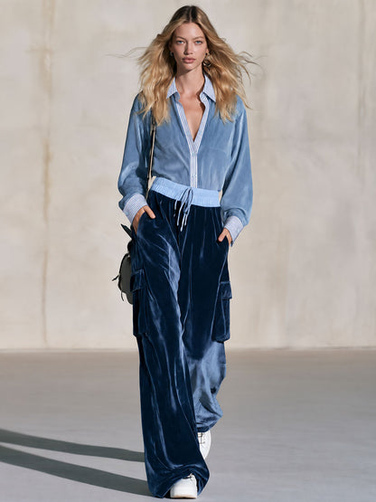 Retro Casual Striped Blue Corduroy Shirt And Trousers Set