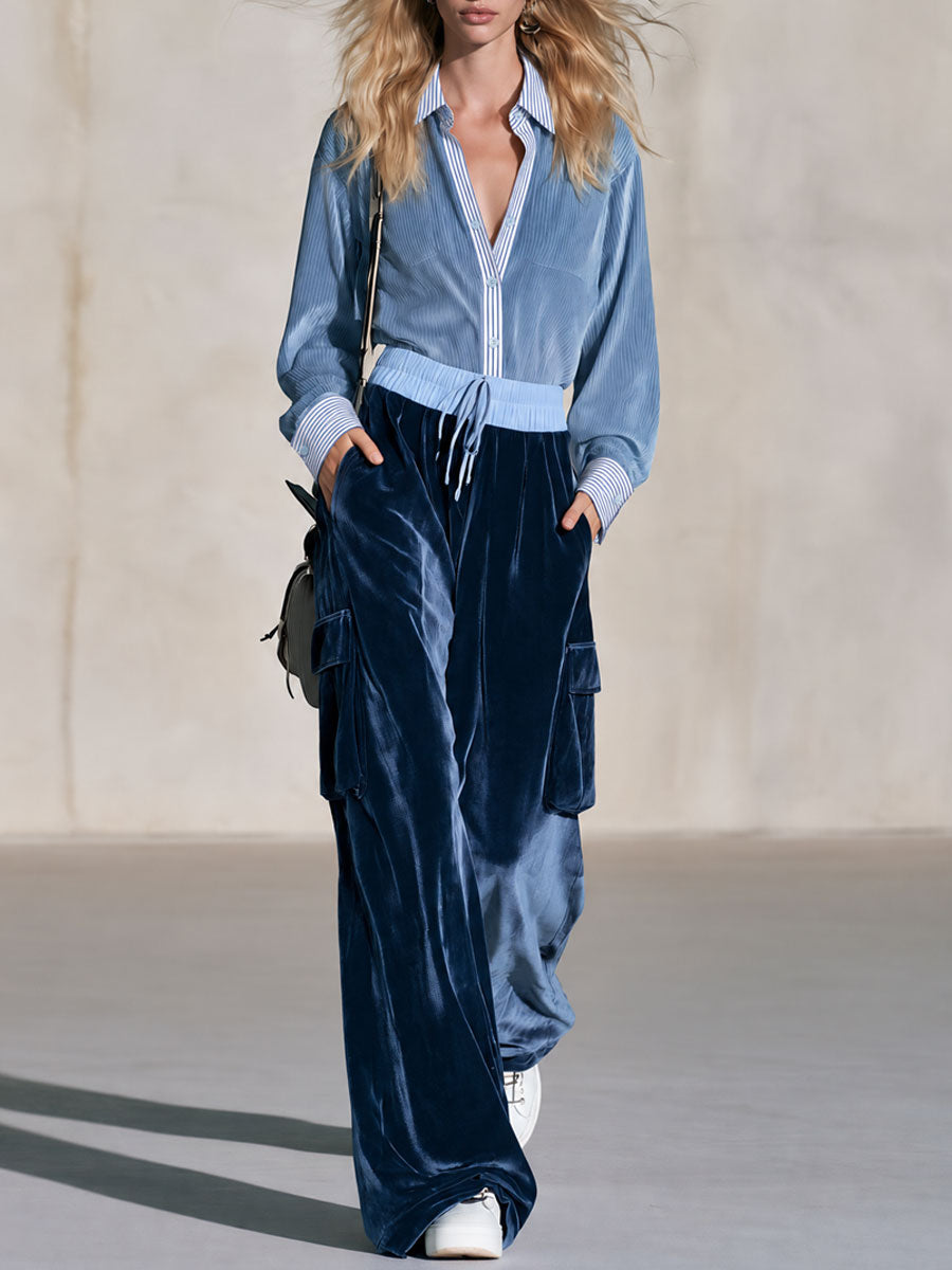 Retro Casual Striped Blue Corduroy Shirt And Trousers Set