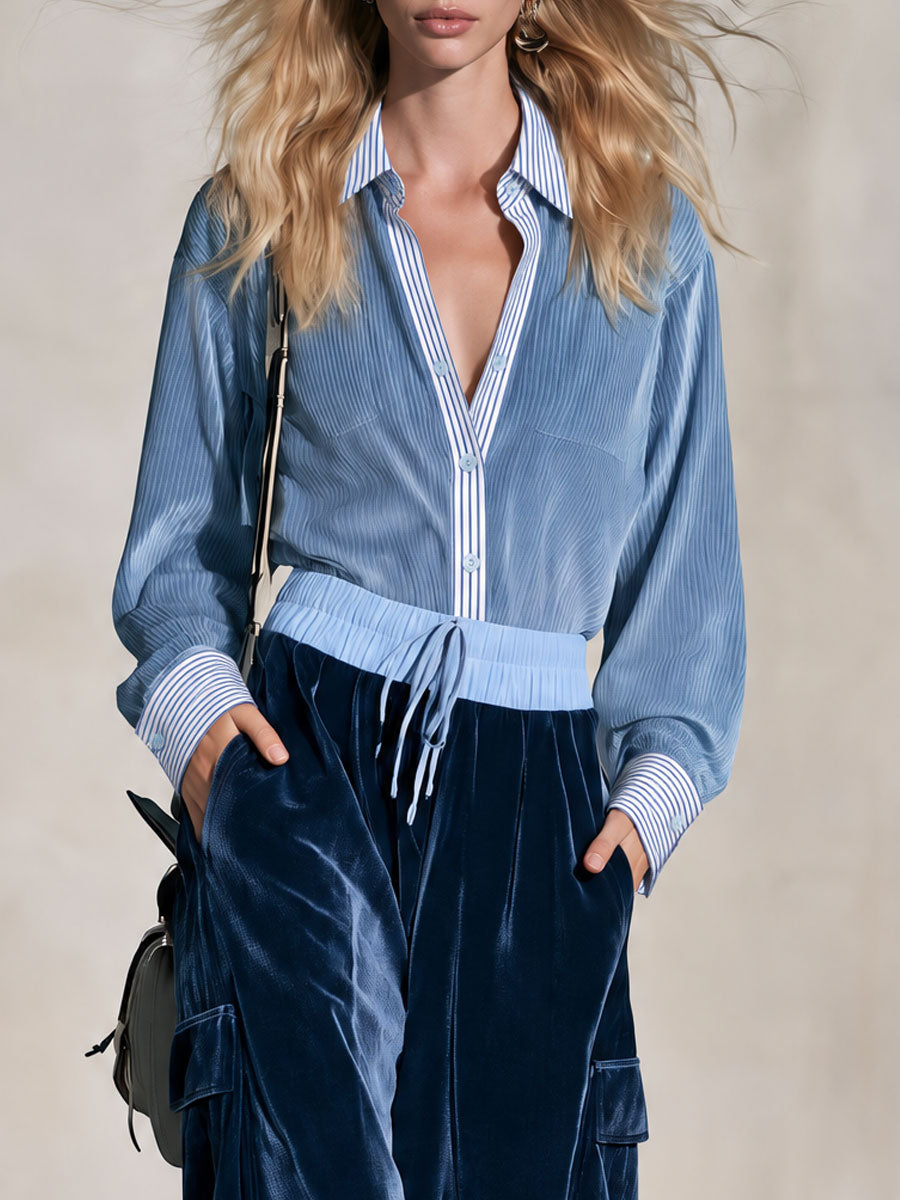Retro Casual Striped Blue Corduroy Shirt And Trousers Set
