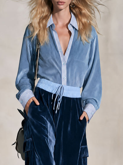 Retro Casual Striped Blue Corduroy Shirt And Trousers Set