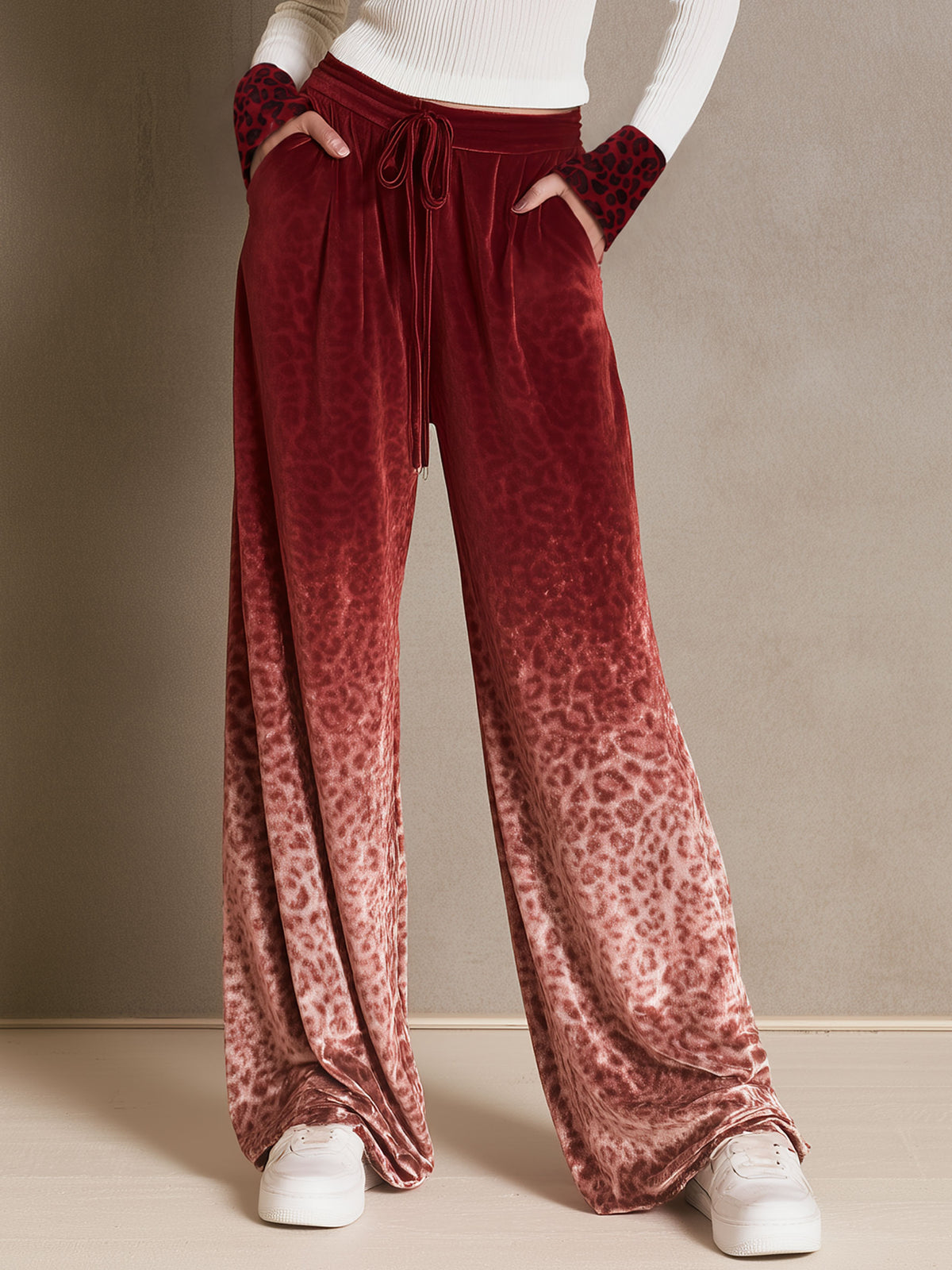 Casual And Stylish Half-zip Knit Top And Leopard Print Gradient Pants Set