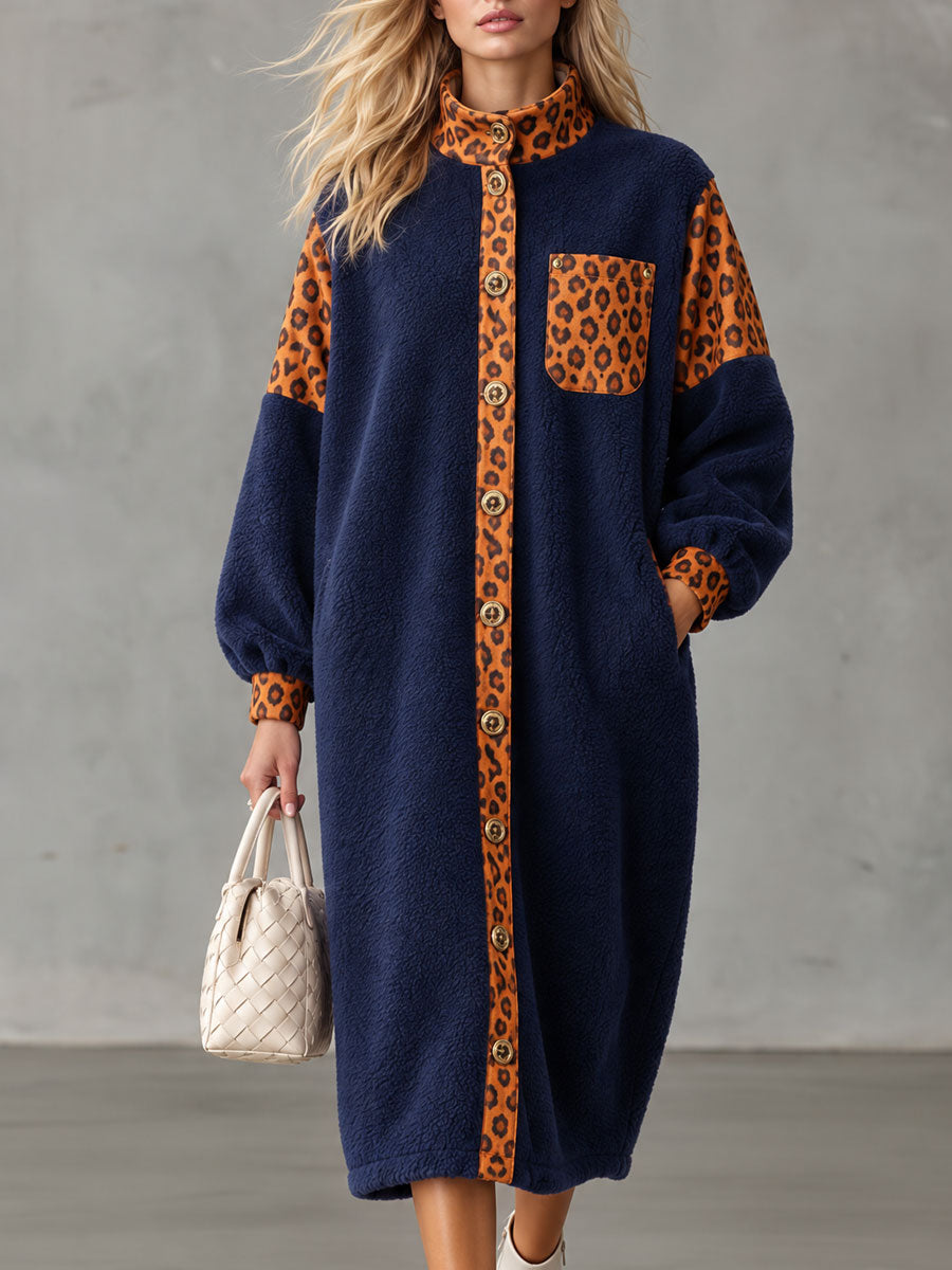 Retro Casual Color-blocked Leopard Print Trim Blue Fleece Midi Dress