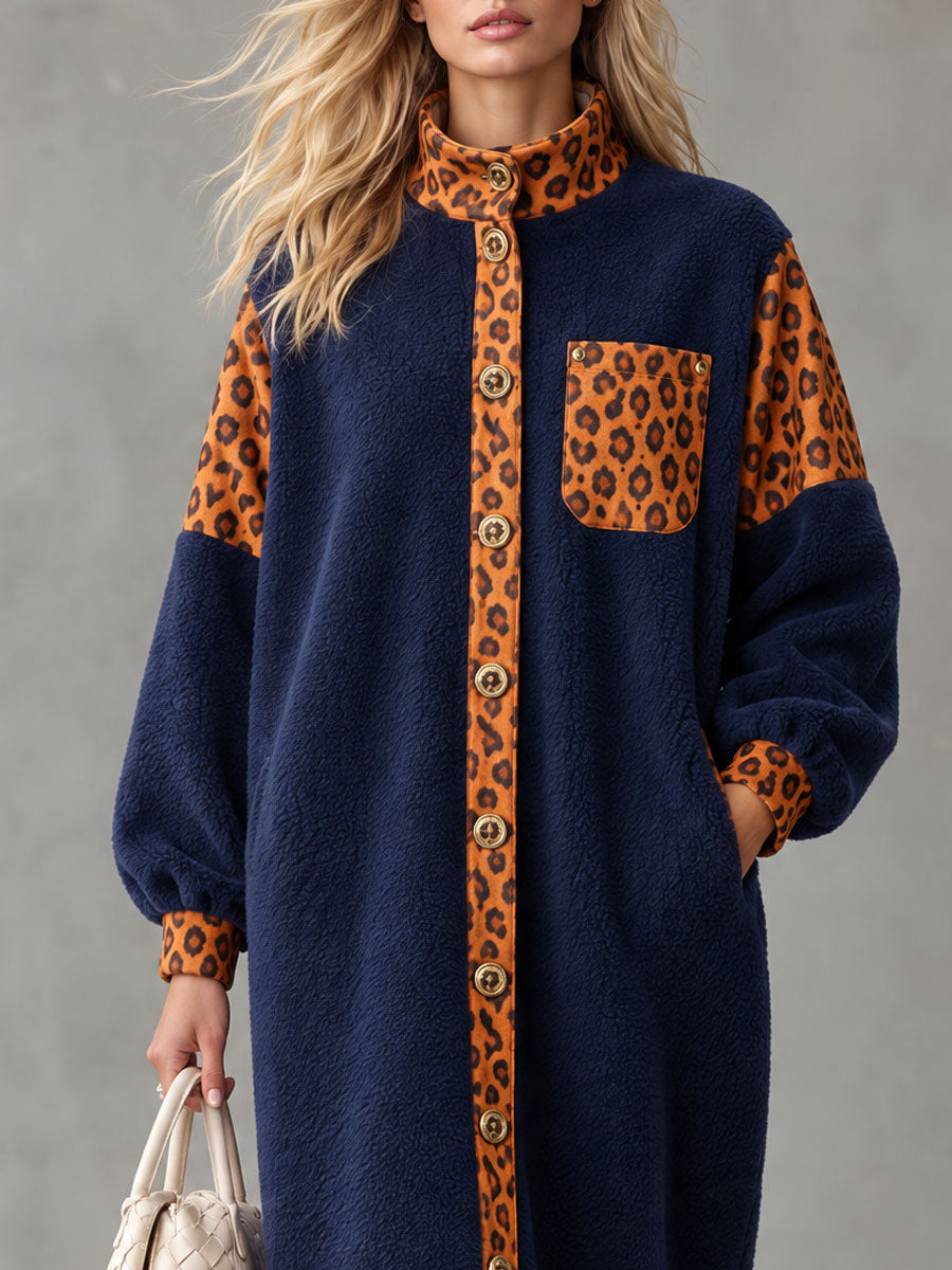Retro Casual Color-blocked Leopard Print Trim Blue Fleece Midi Dress
