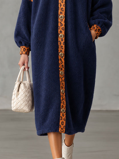 Retro Casual Color-blocked Leopard Print Trim Blue Fleece Midi Dress