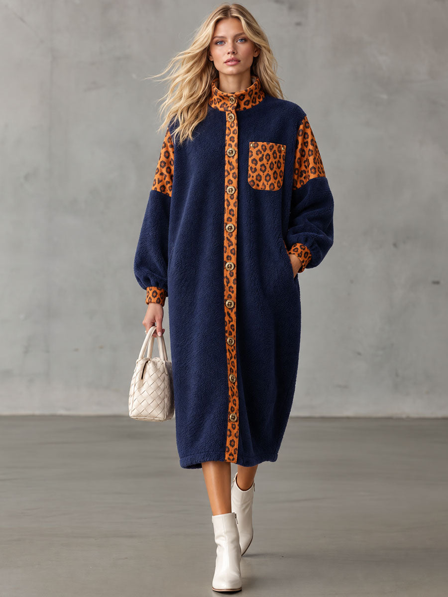 Retro Casual Color-blocked Leopard Print Trim Blue Fleece Midi Dress