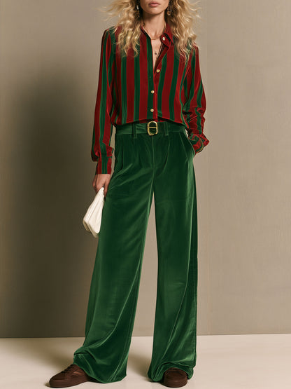 Simple Retro Red And Green Striped Shirt And Wide-leg Pants Set
