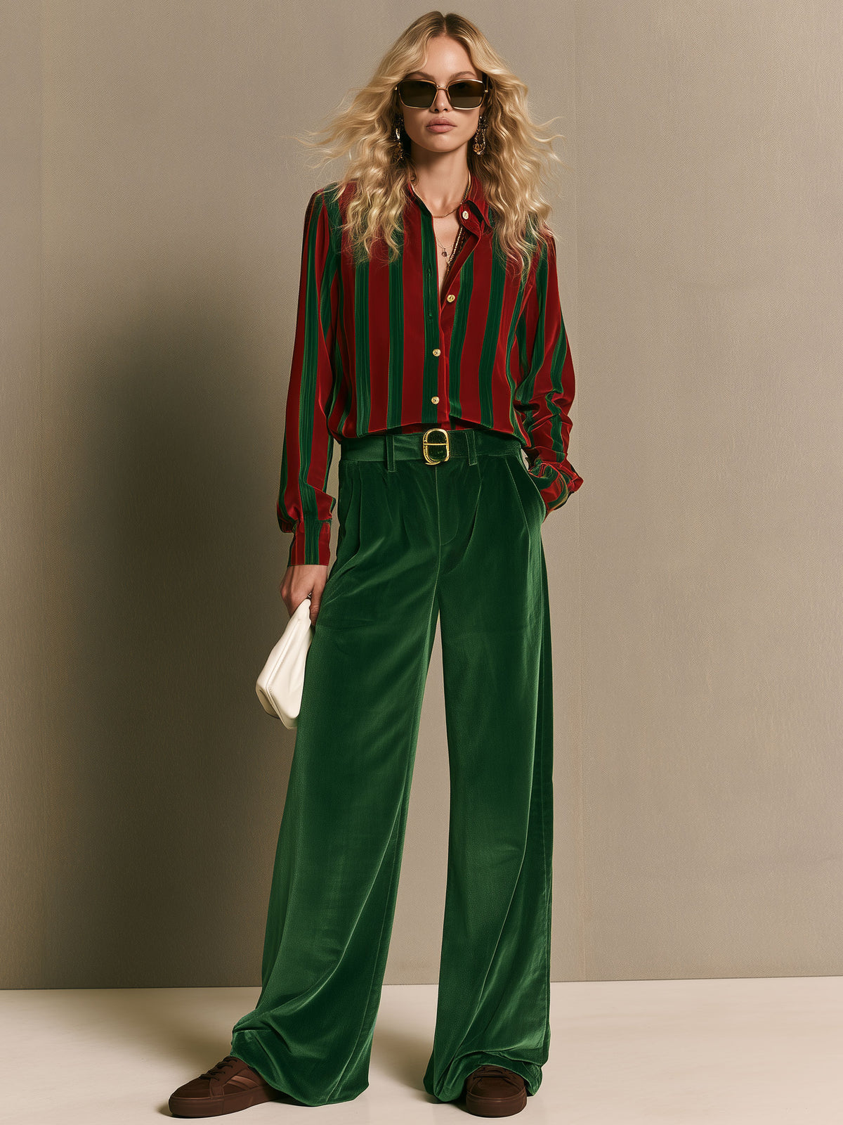Simple Retro Red And Green Striped Shirt And Wide-leg Pants Set