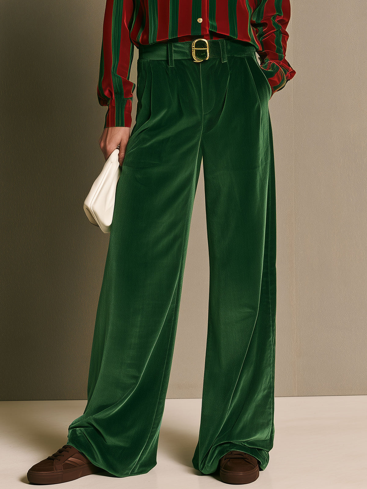 Simple Retro Red And Green Striped Shirt And Wide-leg Pants Set