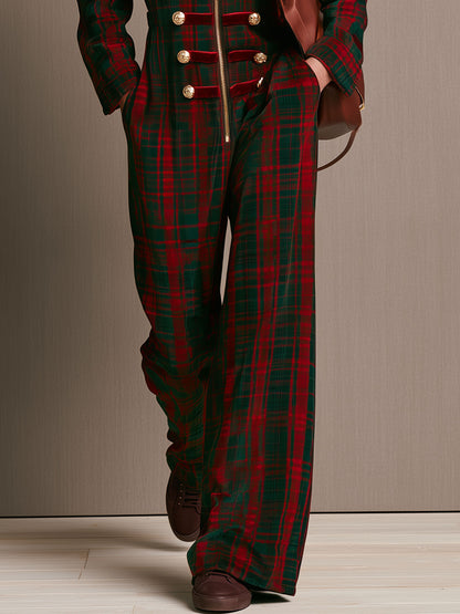 Retro Military-style Gold-buttoned Red And Green Plaid Velvet Hooded Jumpsuit