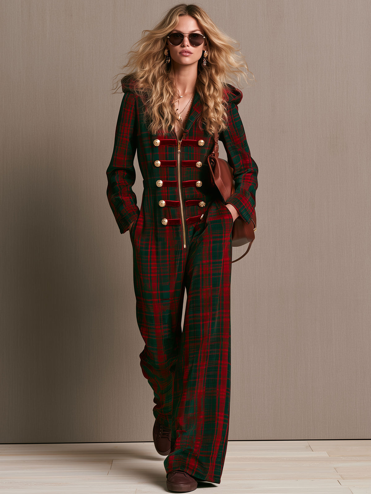 Retro Military-style Gold-buttoned Red And Green Plaid Velvet Hooded Jumpsuit