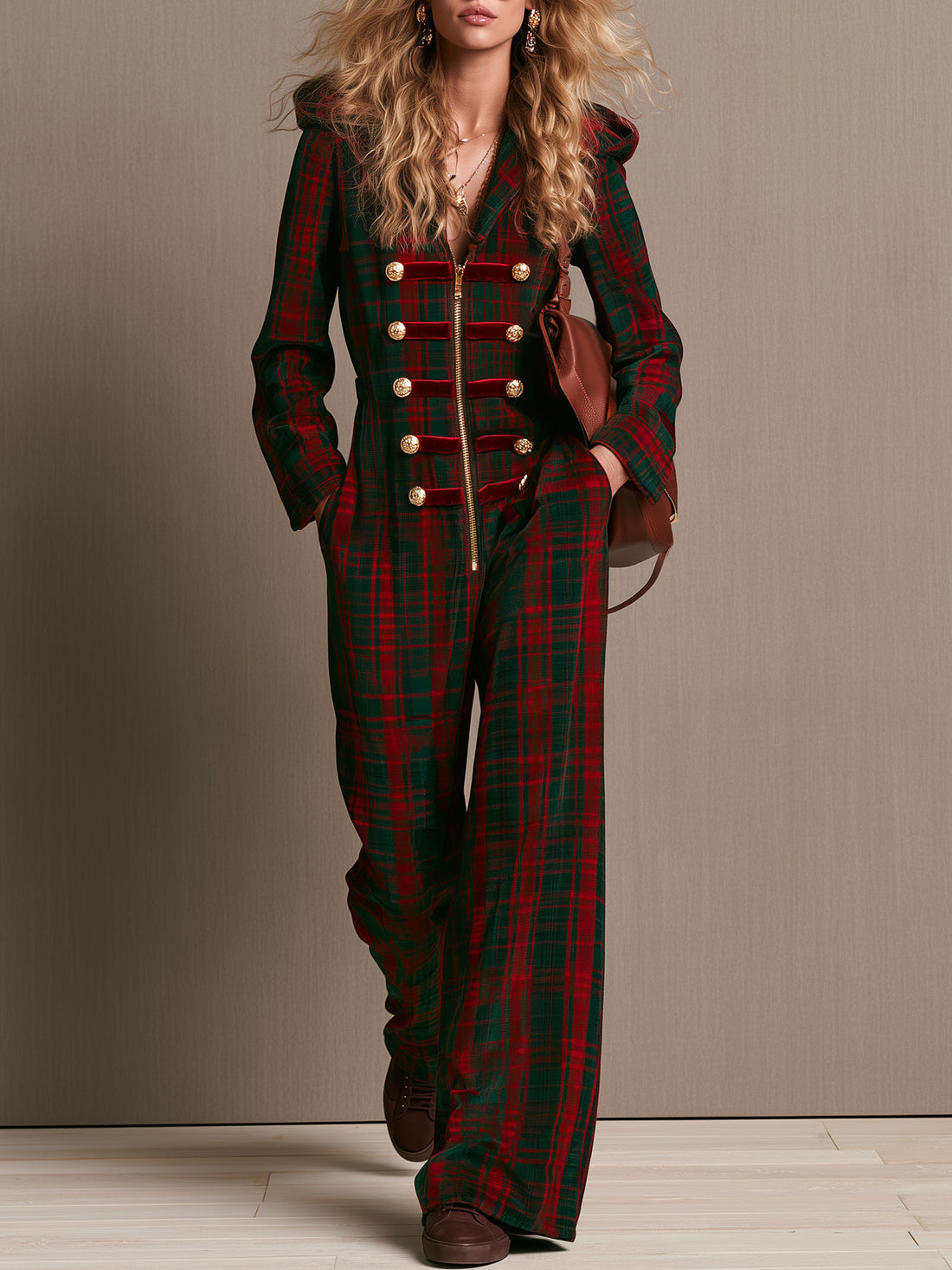 Retro Military-style Gold-buttoned Red And Green Plaid Velvet Hooded Jumpsuit