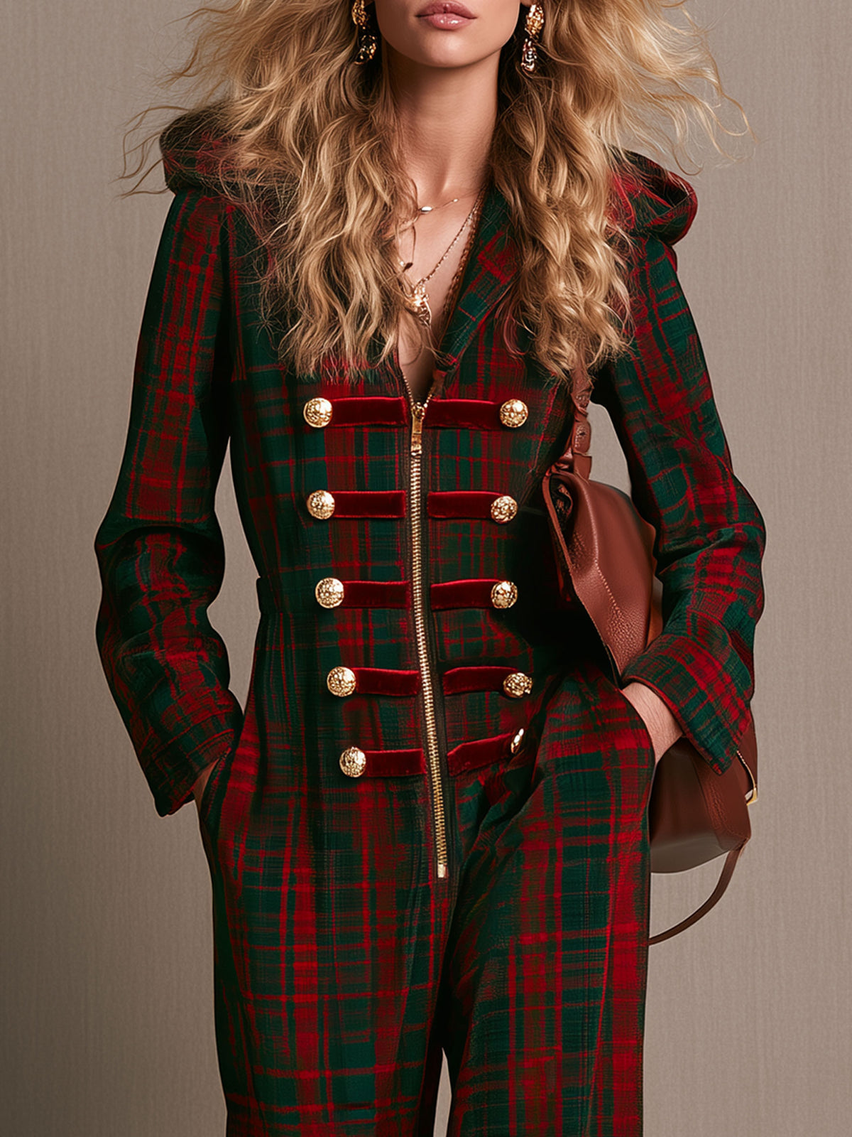 Retro Military-style Gold-buttoned Red And Green Plaid Velvet Hooded Jumpsuit