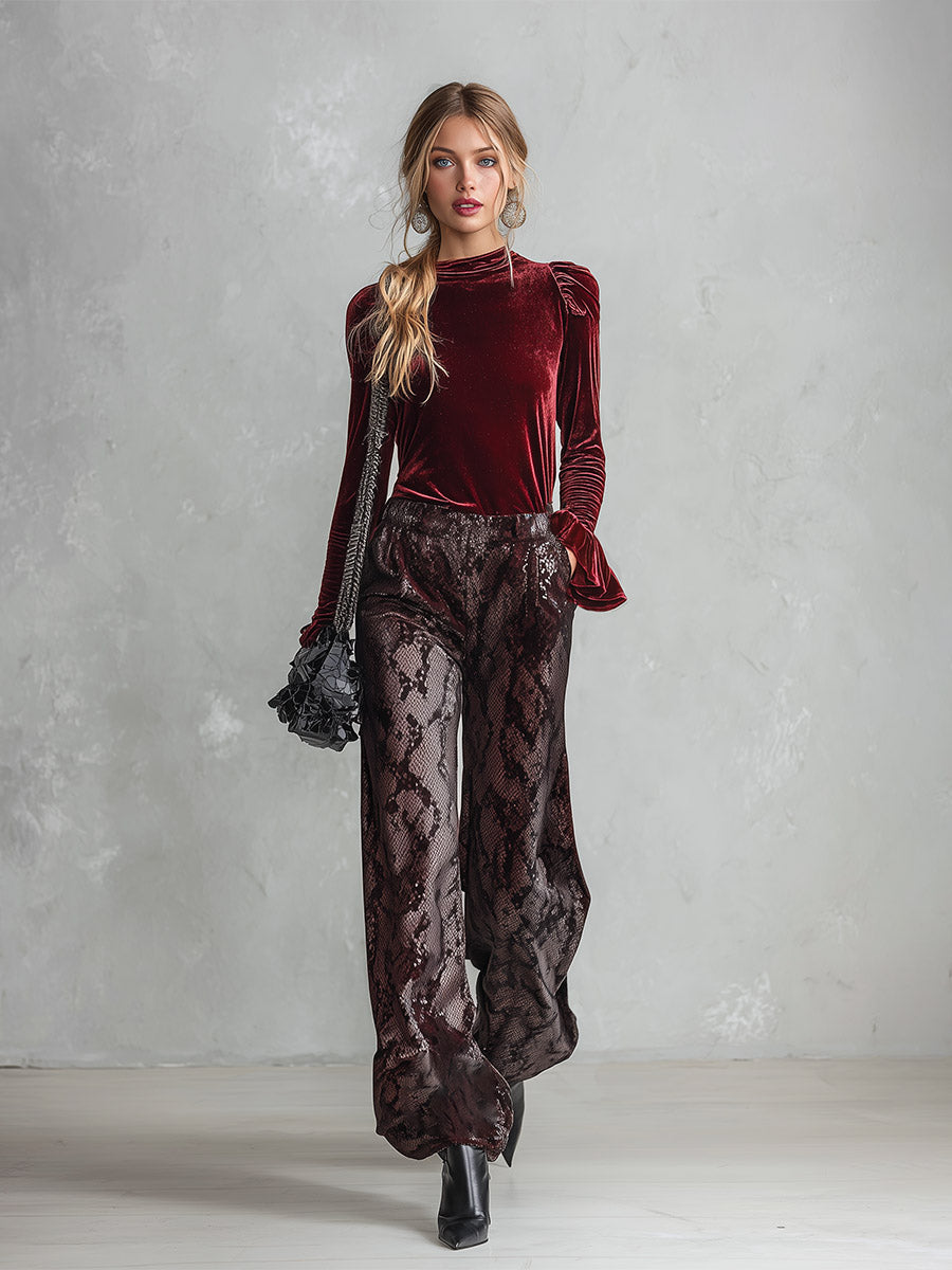 Vintage-style Burgundy Ruffled Shirt And Snakeskin-print Trousers Velvet Set