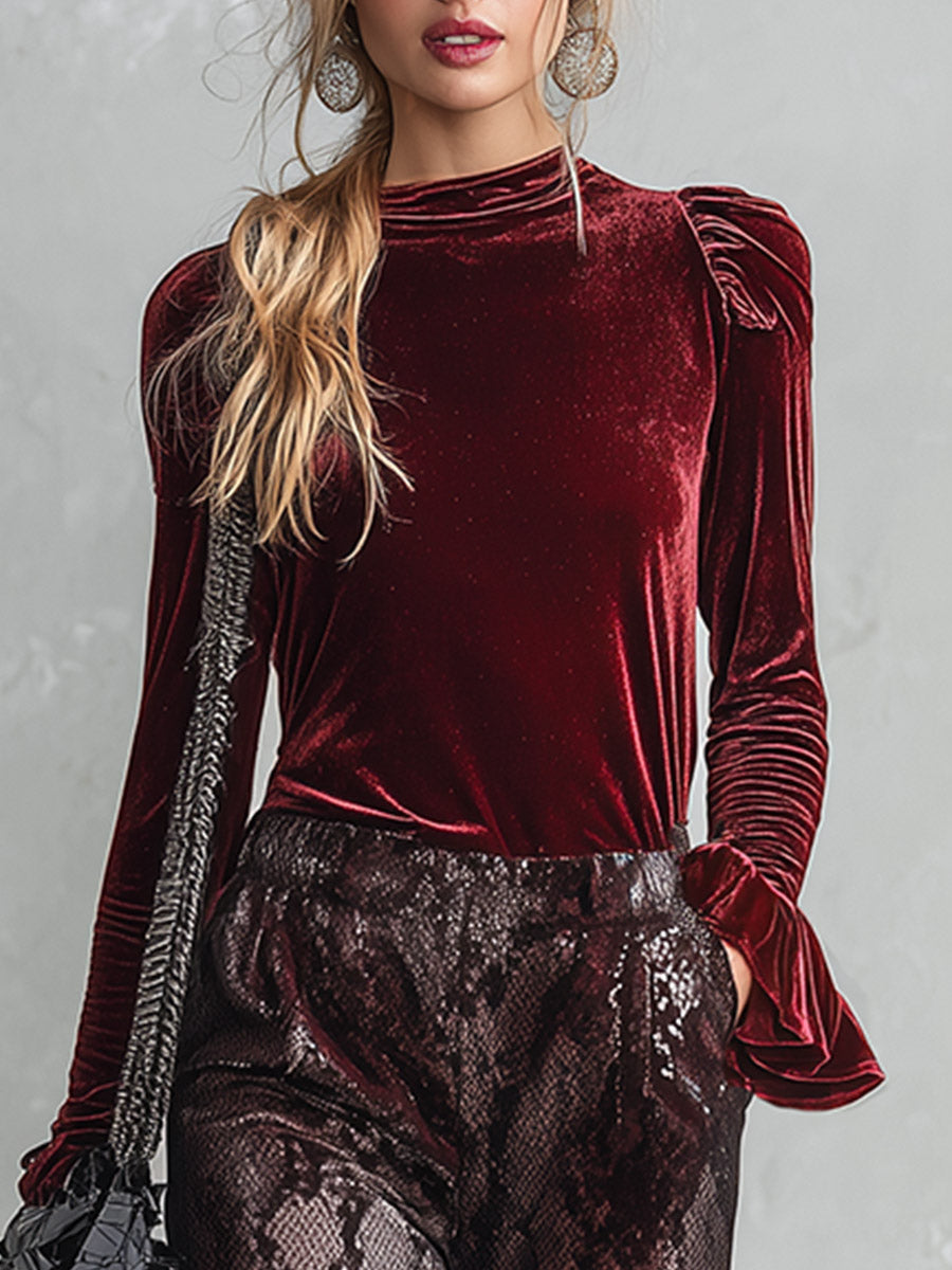 Vintage-style Burgundy Ruffled Shirt And Snakeskin-print Trousers Velvet Set