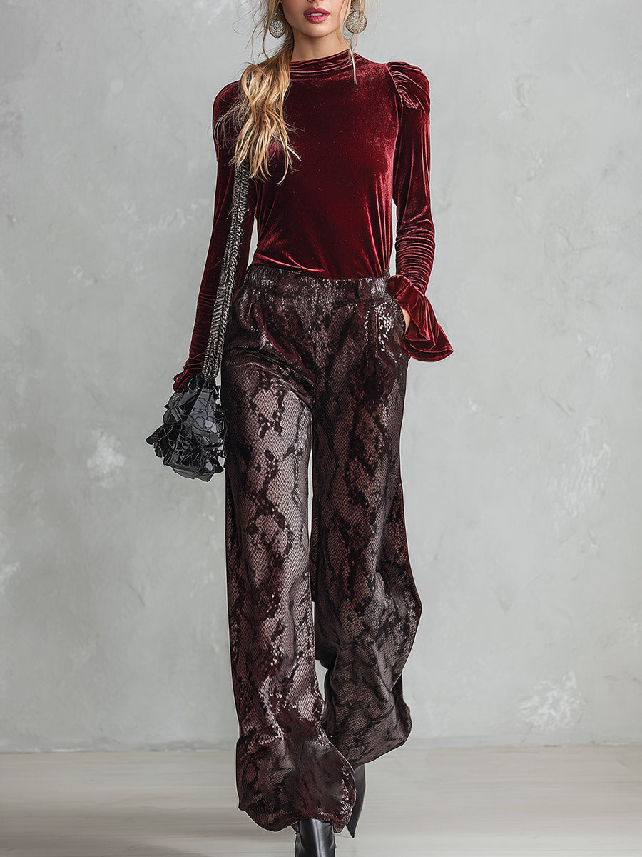 Vintage-style Burgundy Ruffled Shirt And Snakeskin-print Trousers Velvet Set