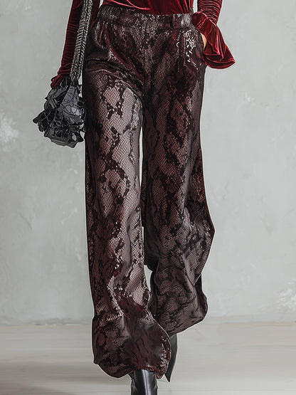Vintage-style Burgundy Ruffled Shirt And Snakeskin-print Trousers Velvet Set
