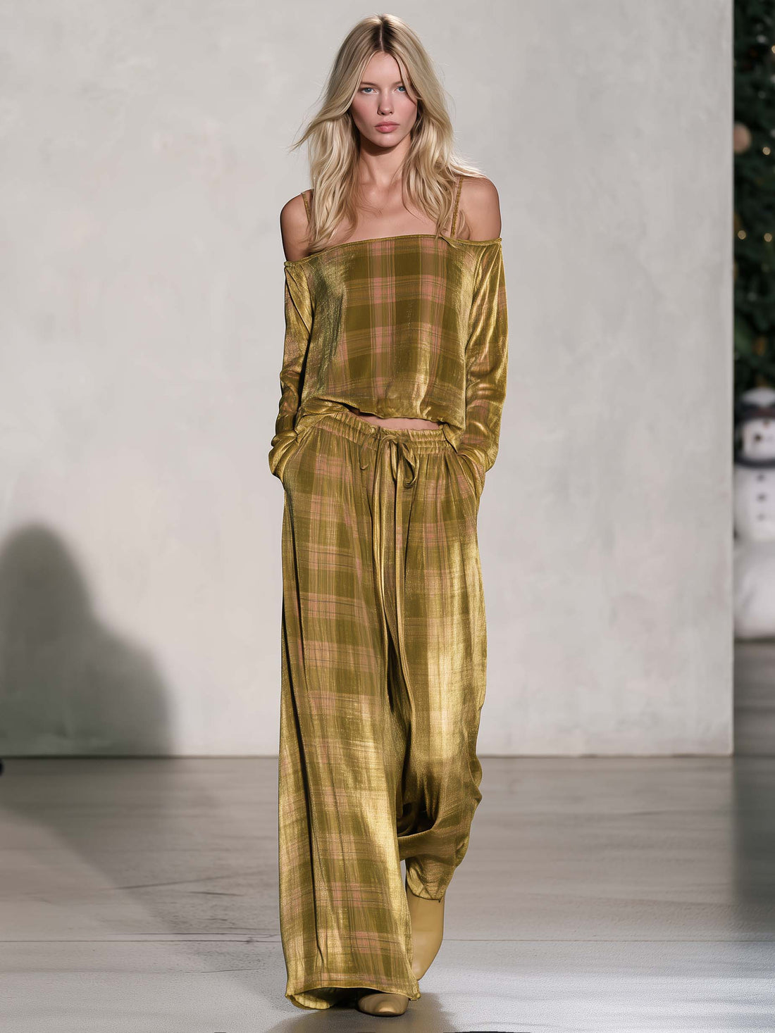 Boho Luxe Golden-olive Plaid Velvet Off Shoulder Top Wide Leg Pants Set