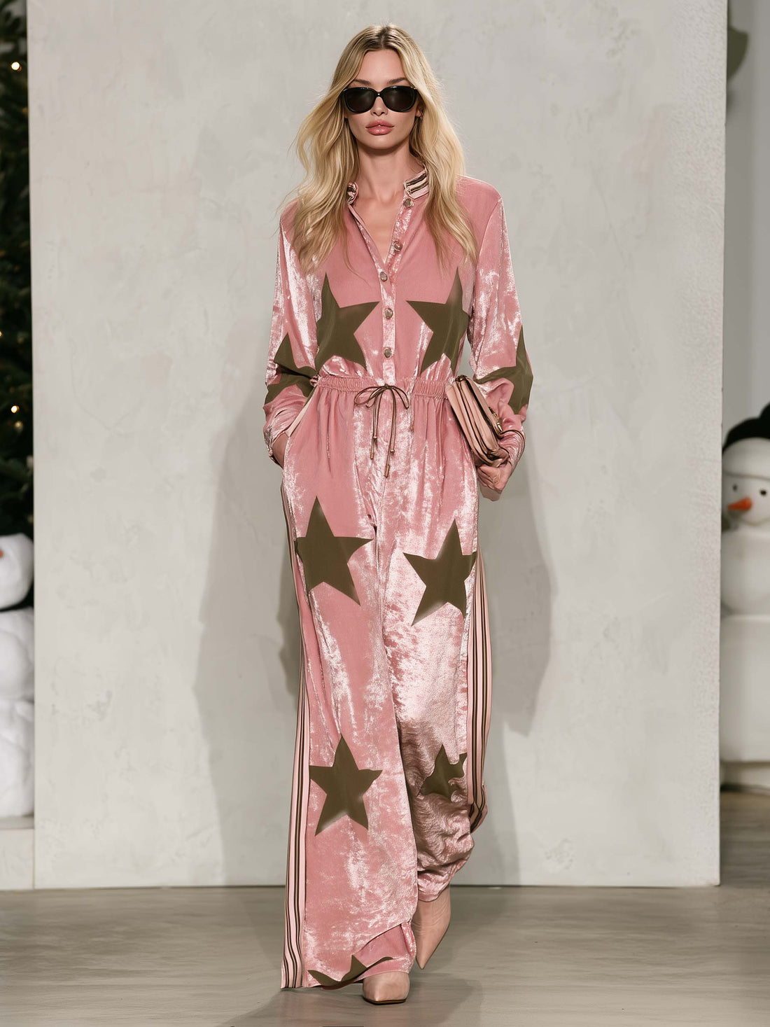 Western Retro Pink Velvet Star Print Wide Leg Jumpsuit Drawstring Button Front