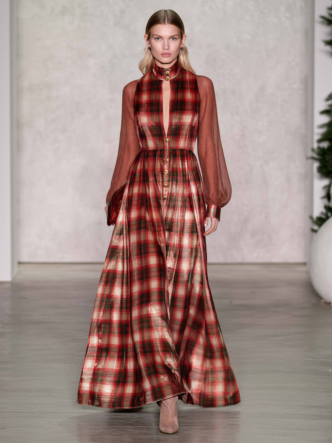 Victorian Vintage Red Plaid Velvet Maxi Dress Sheer Chiffon Sleeve Button Front