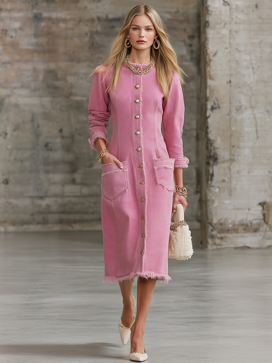 Pink Frayed Trim Denim Midi Shirt Dress With Gold Buttons