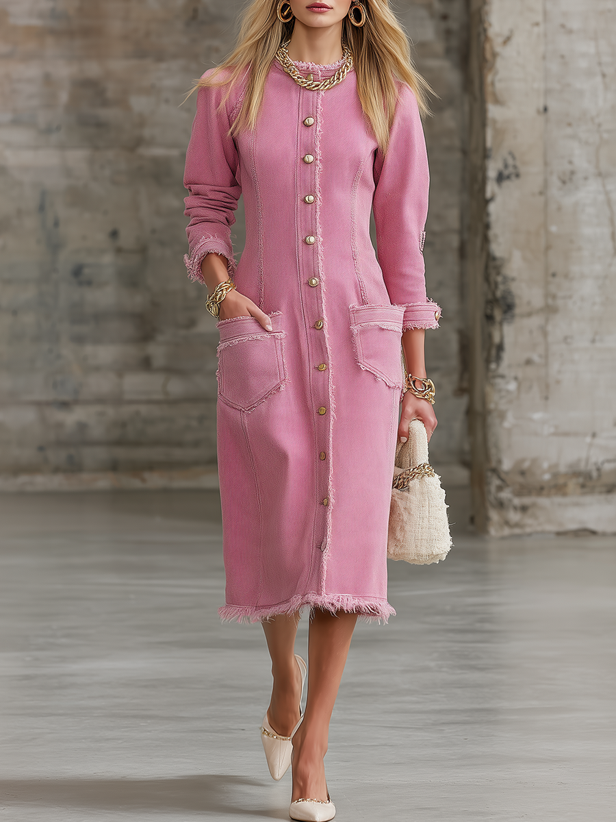 Pink Frayed Trim Denim Midi Shirt Dress With Gold Buttons