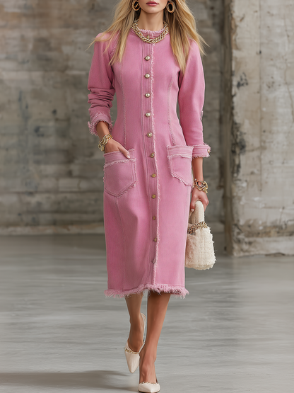 Pink Frayed Trim Denim Midi Shirt Dress With Gold Buttons