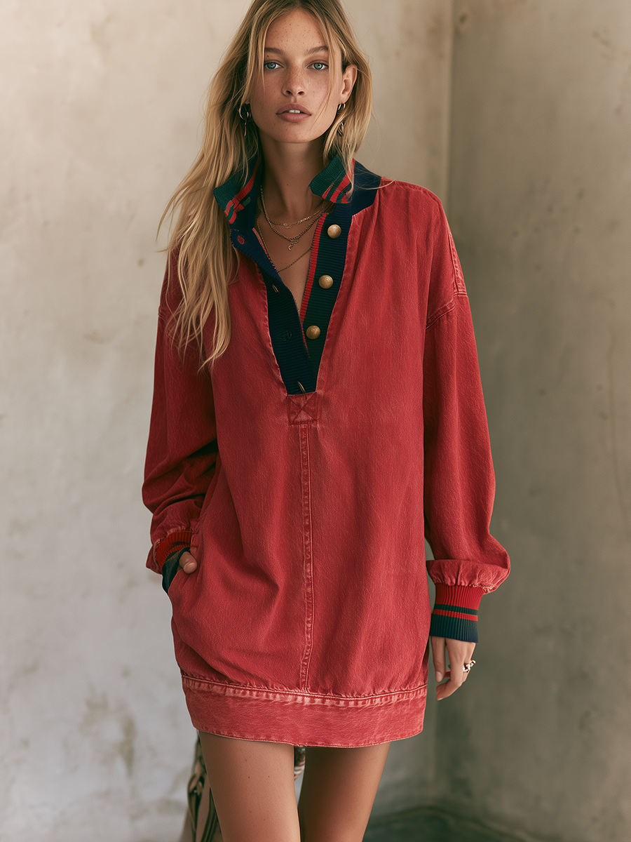 Washed Red Oversized Popover Sweatshirt Dress With Striped Trim