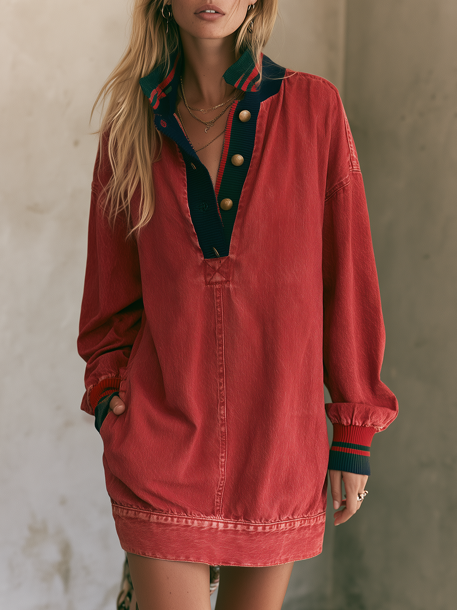 Washed Red Oversized Popover Sweatshirt Dress With Striped Trim