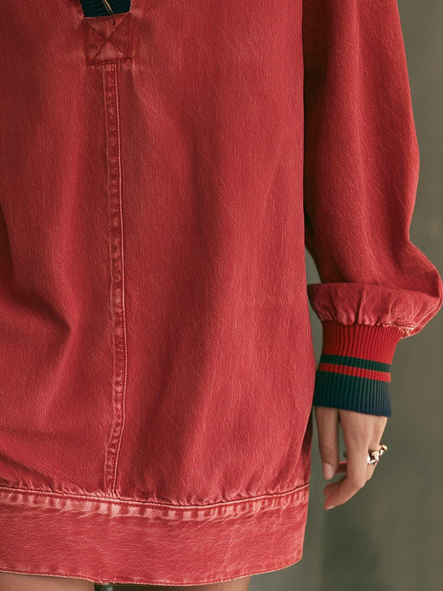 Washed Red Oversized Popover Sweatshirt Dress With Striped Trim