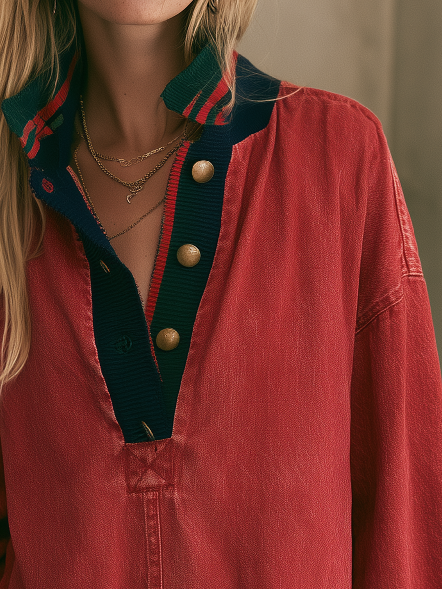 Washed Red Oversized Popover Sweatshirt Dress With Striped Trim