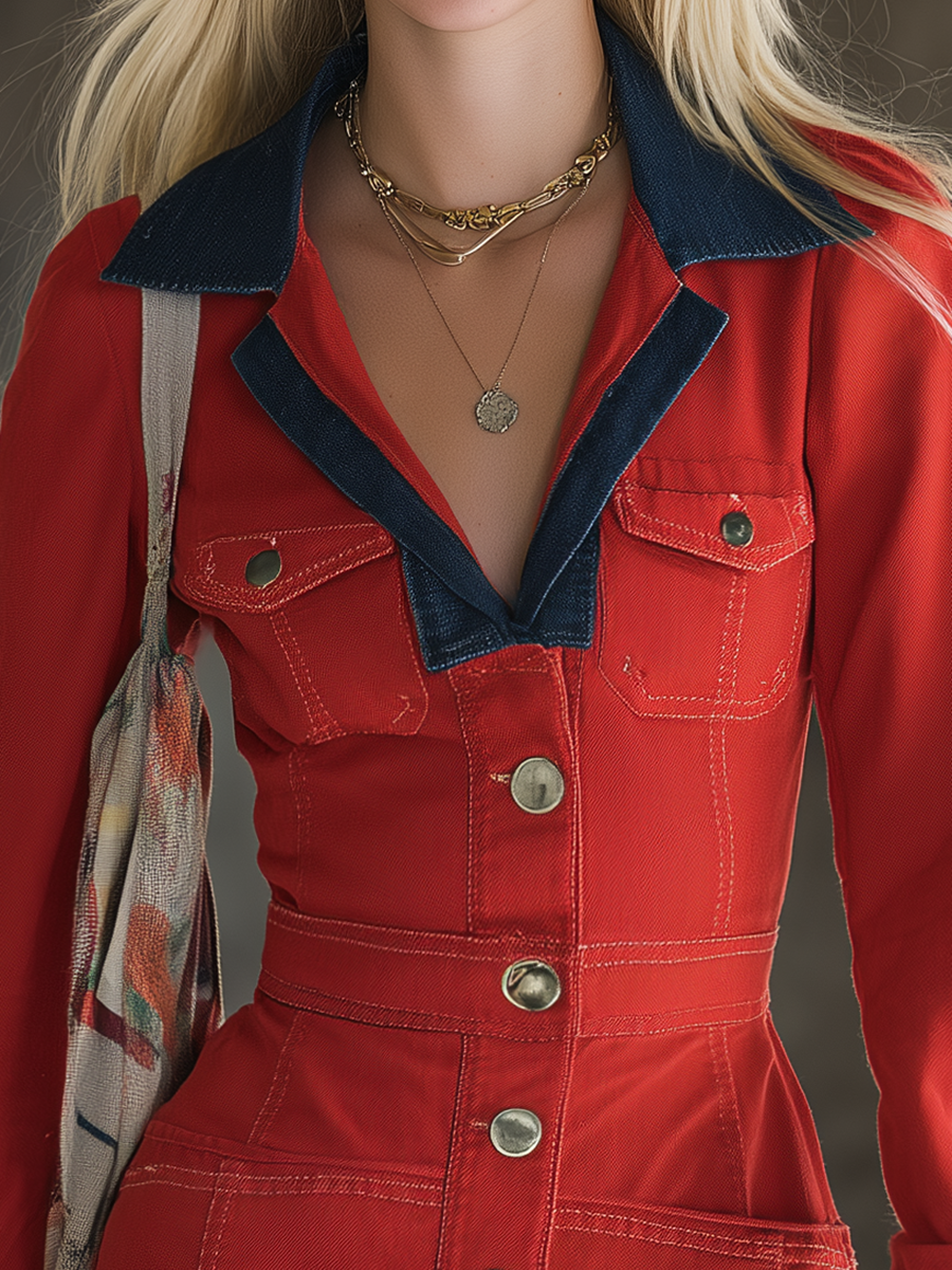 Red Denim Contrast Collar Shirt Dress With Utility Pockets