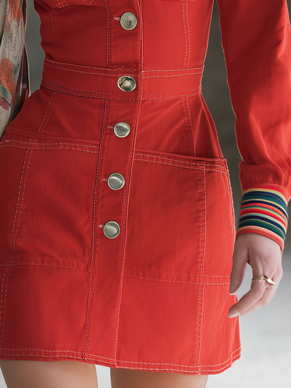 Red Denim Contrast Collar Shirt Dress With Utility Pockets