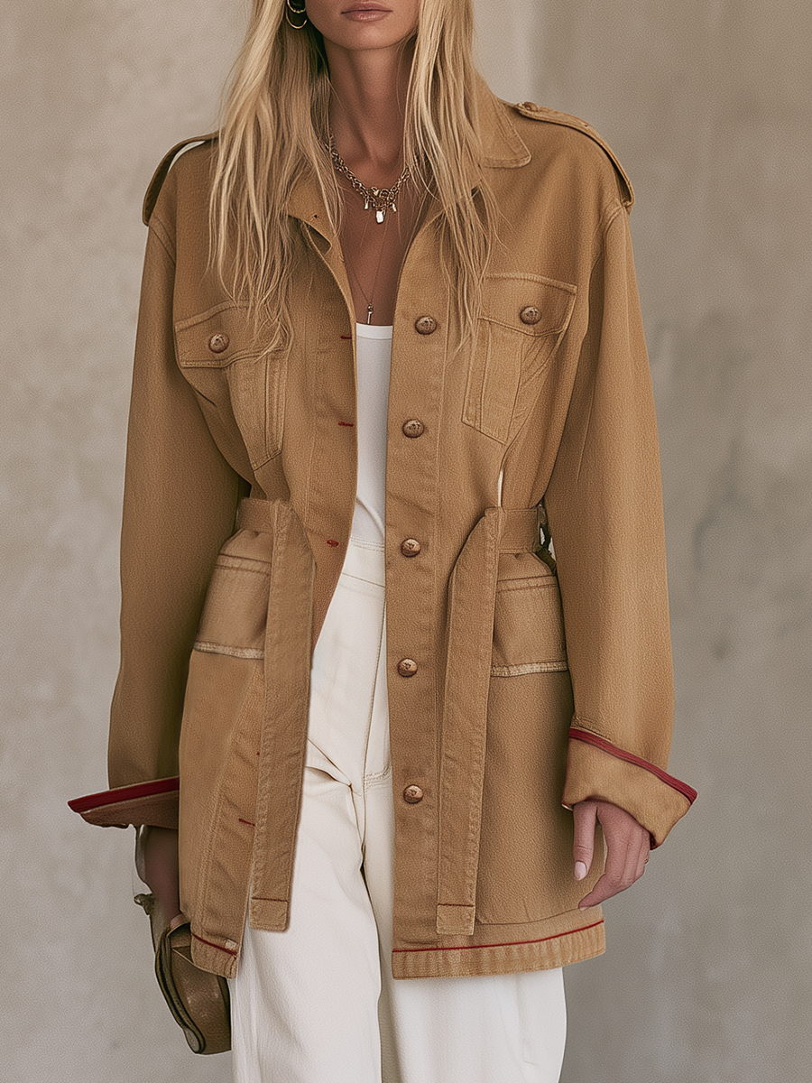 Camel Belted Utility Jacket With Safari Pockets And Epaulettes